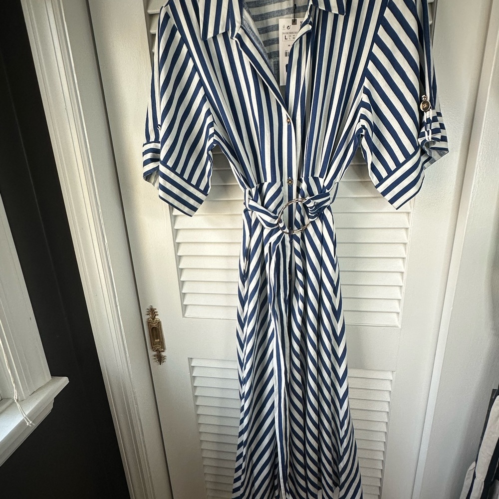 Zara White and Blue Belted and Shirt Dress  NWT Size L